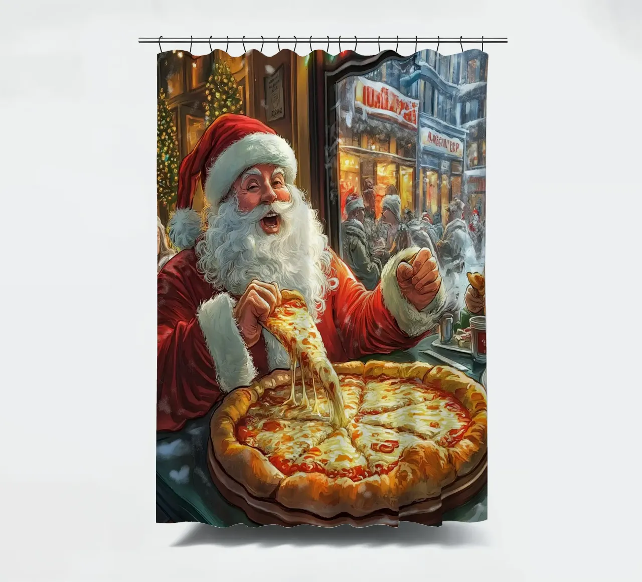 Kerstman eet pizza: Kerstmis Stedelijk Genot Kunstdruk douchegordijn van ClubArt