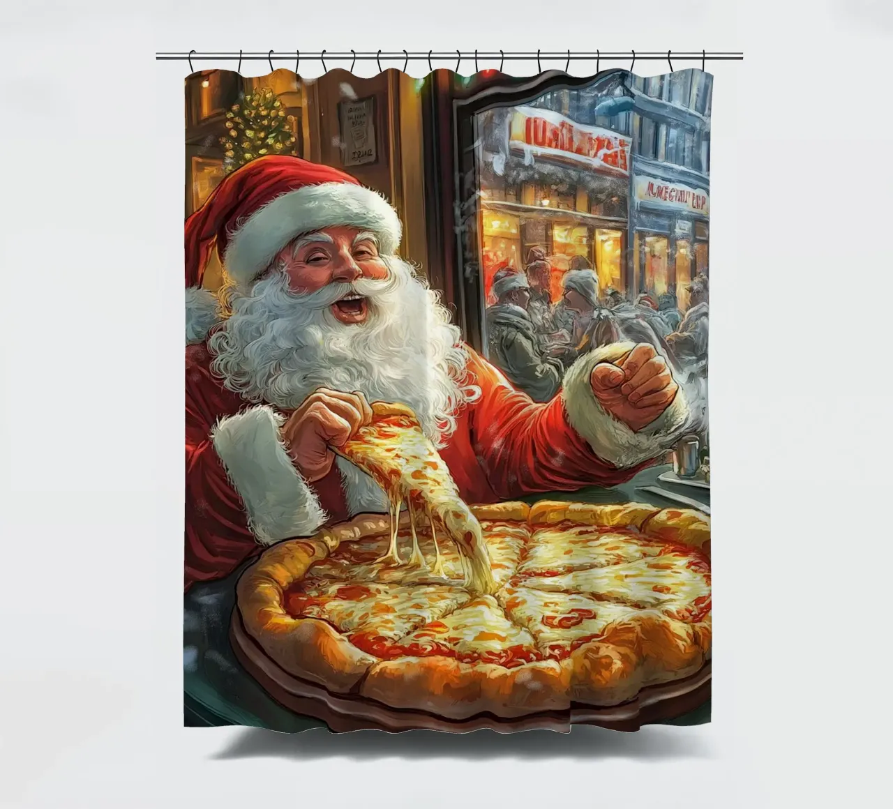 Kerstman eet pizza: Kerstmis Stedelijk Genot Kunstdruk douchegordijn van ClubArt