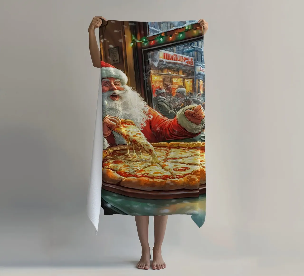 Kerstman eet pizza: Kerstmis Stedelijk Genot Kunstdruk strandhanddoek van ClubArt