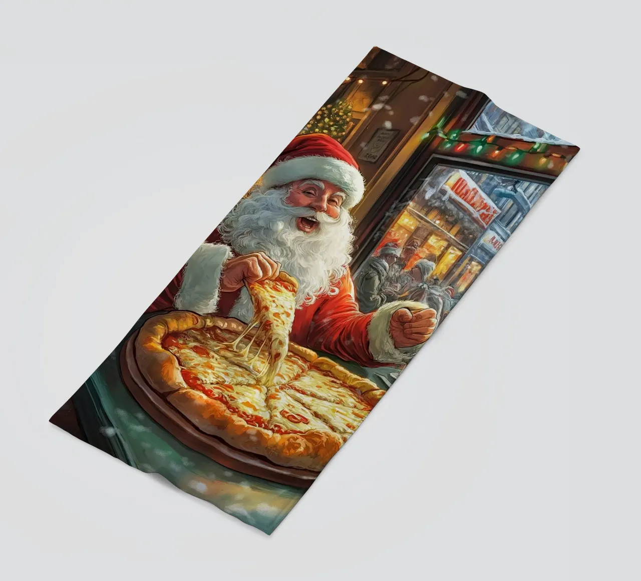 Kerstman eet pizza: Kerstmis Stedelijk Genot Kunstdruk strandhanddoek van ClubArt