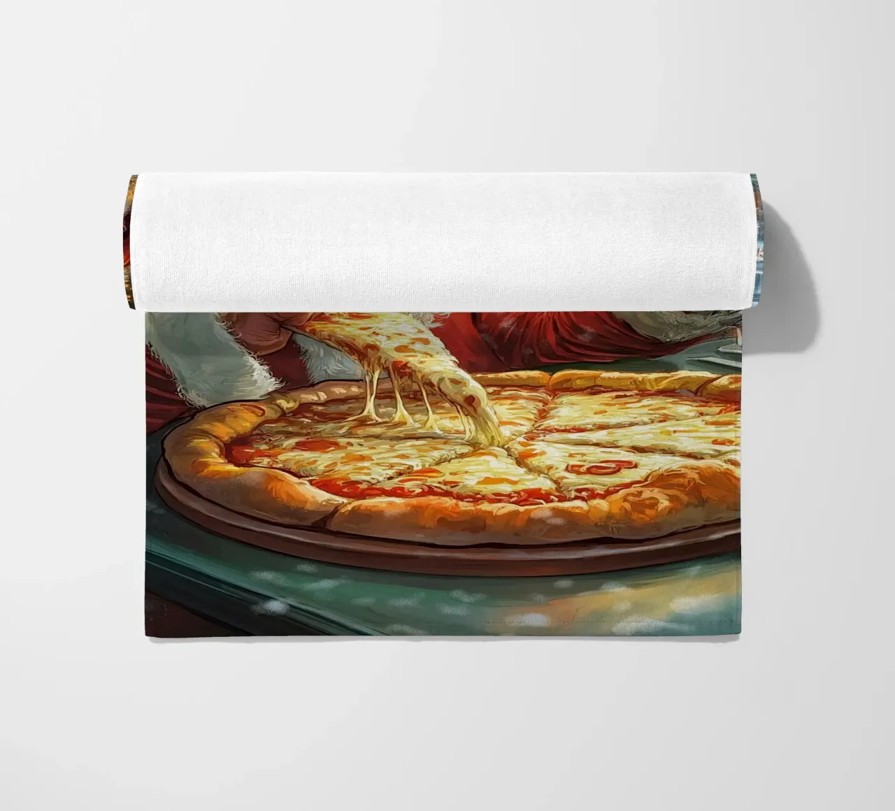 Kerstman eet pizza: Kerstmis Stedelijk Genot Kunstdruk strandhanddoek van ClubArt