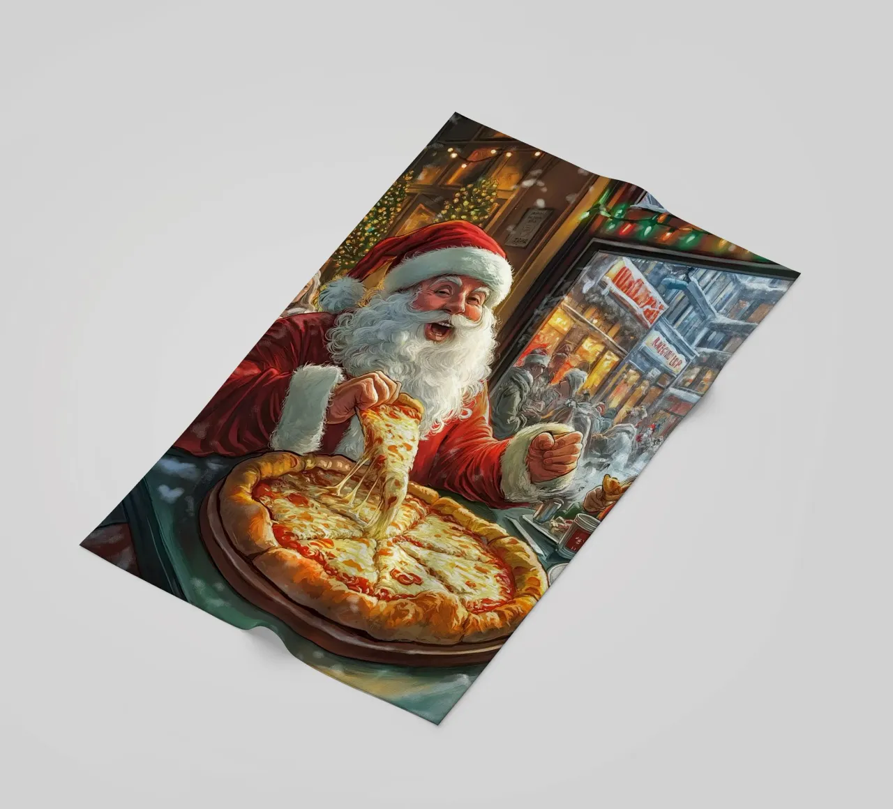 Kerstman eet pizza: Kerstmis Stedelijk Genot Kunstdruk strandhanddoek van ClubArt