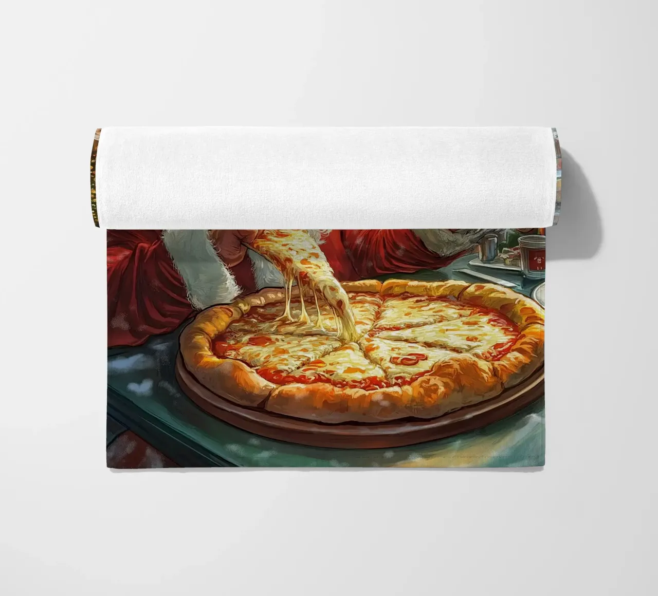 Kerstman eet pizza: Kerstmis Stedelijk Genot Kunstdruk strandhanddoek van ClubArt