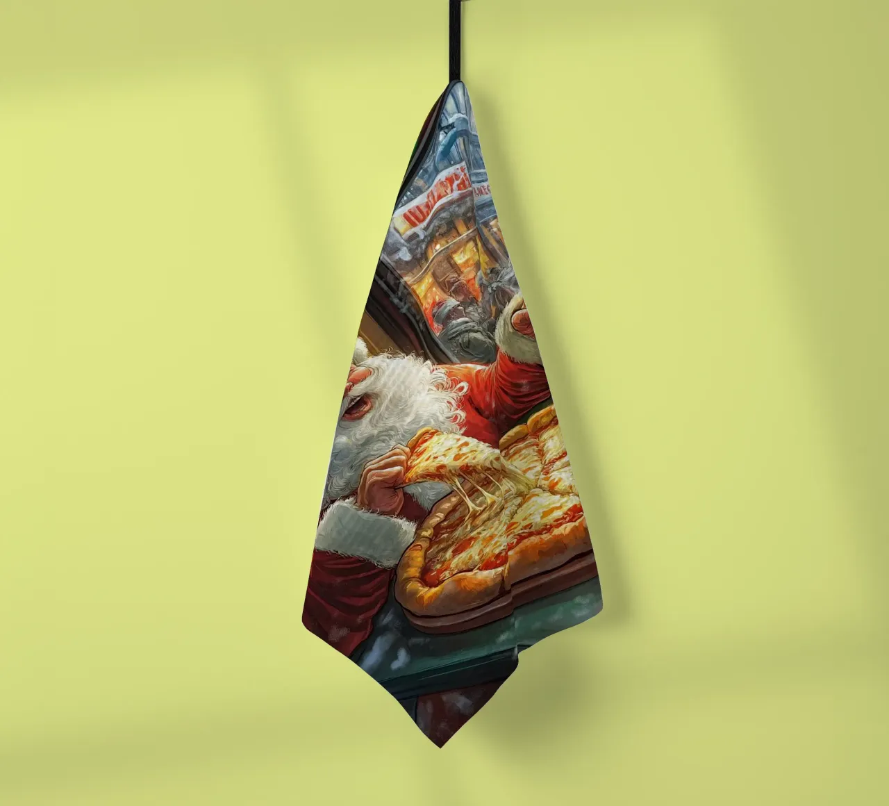 Kerstman eet pizza: Kerstmis Stedelijk Genot Kunstdruk theedoek van ClubArt