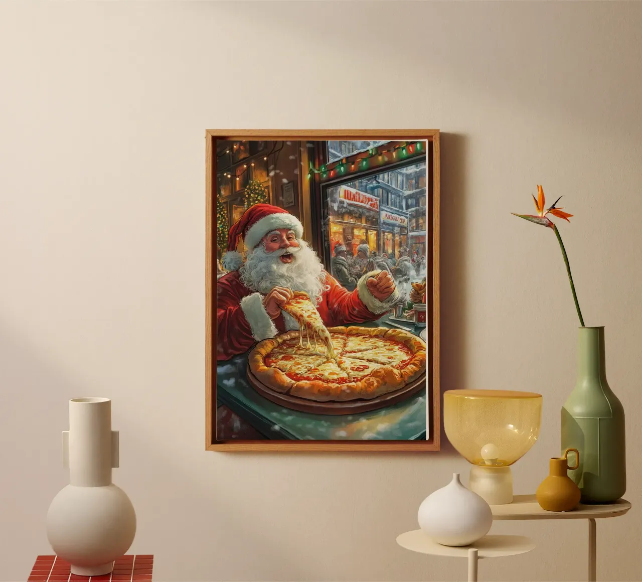 Kerstman eet pizza: Kerstmis Stedelijk Genot Kunstdruk canvas van ClubArt
