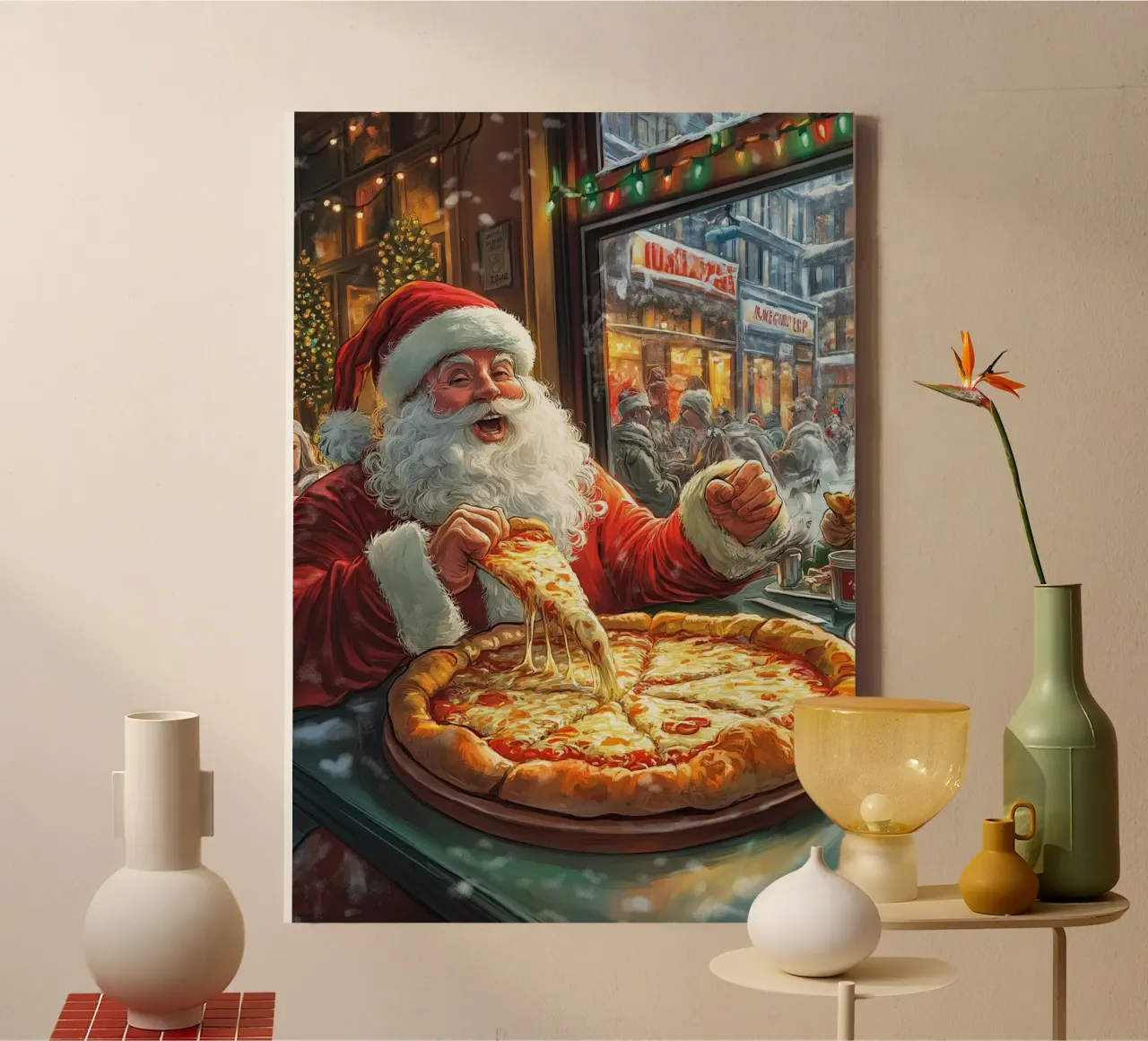 Kerstman eet pizza: Kerstmis Stedelijk Genot Kunstdruk canvas van ClubArt
