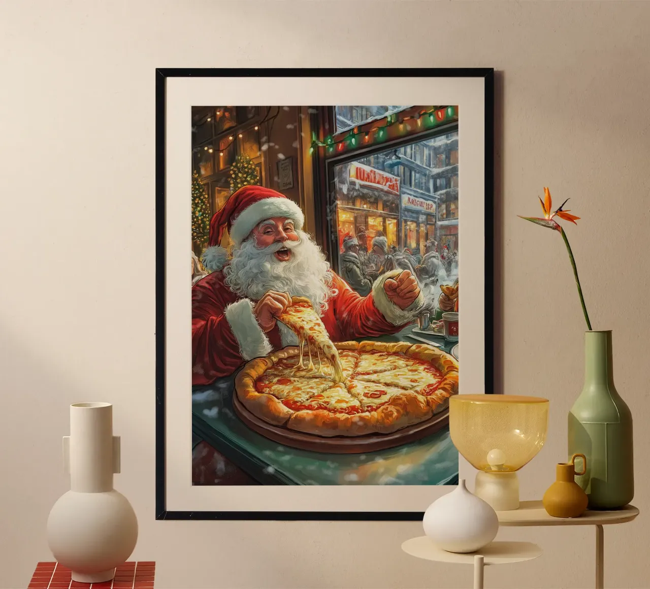 Kerstman eet pizza: Kerstmis Stedelijk Genot Kunstdruk hahnemühle van ClubArt