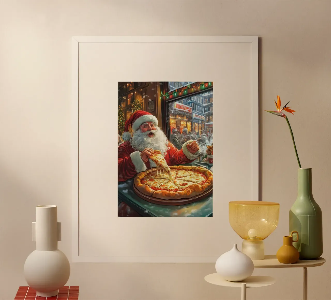 Kerstman eet pizza: Kerstmis Stedelijk Genot Kunstdruk hahnemühle van ClubArt