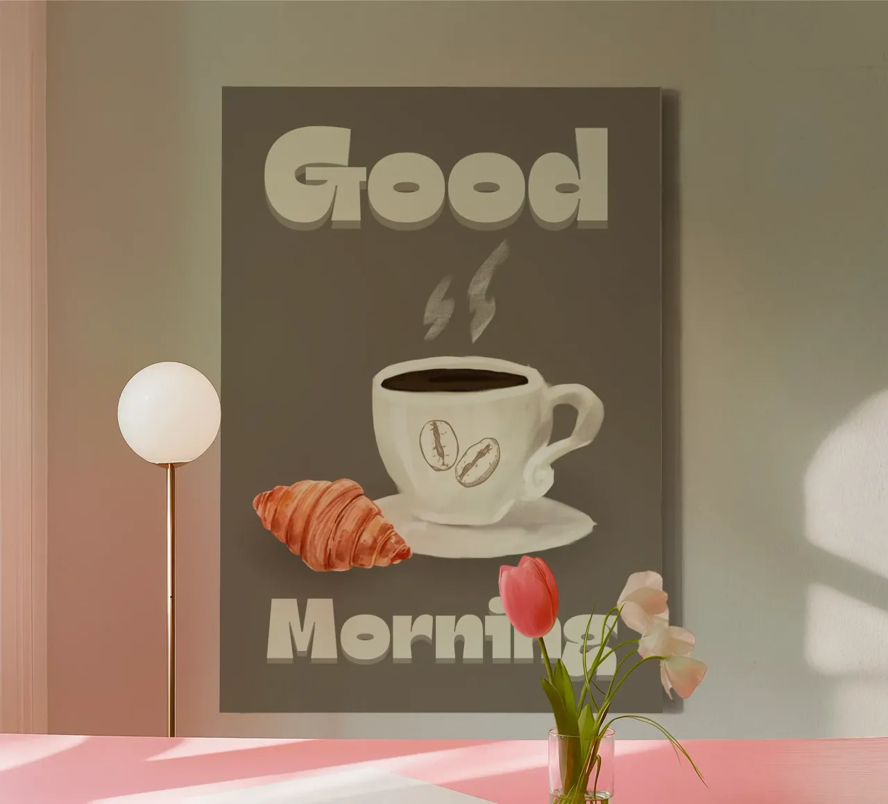 Good Morning Coffee & Croissant Minimalist Art Print canvas with Floater frame by ClubArt