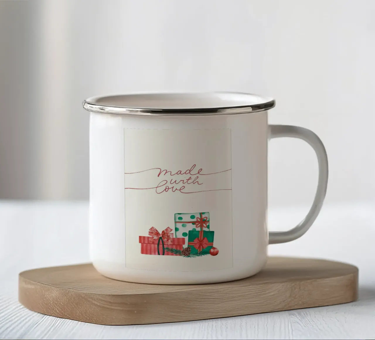 Made with Love Gifts: Watercolor Christmas Holiday Print enamel mug by ClubArt