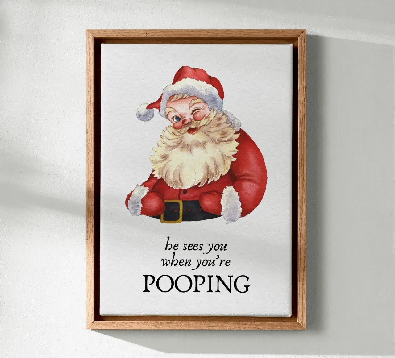 Grappige Kerstman Badkamer Kunst: "Hij Ziet Je Poepen" Print canvas met Baklijst van ClubArt