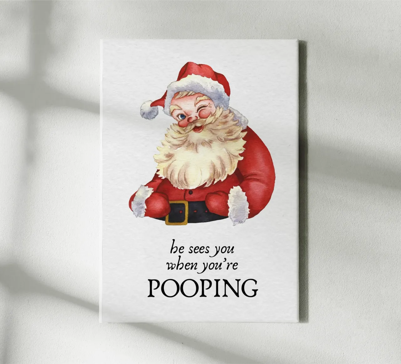 Grappige Kerstman Badkamer Kunst: "Hij Ziet Je Poepen" Print canvas met Baklijst van ClubArt