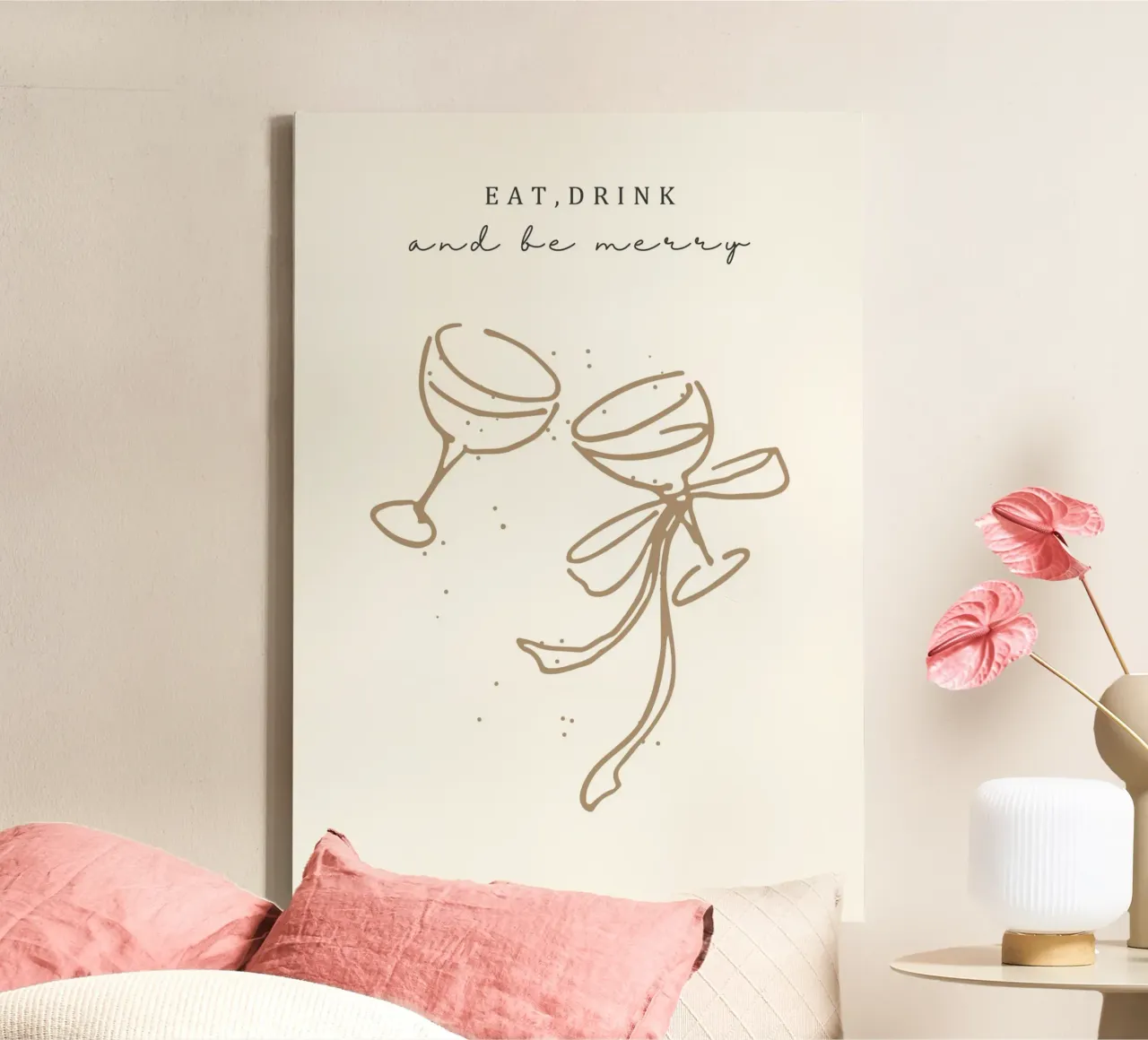 Eet Drink Wees Vrolijk: Minimalistische Champagne Toast Kunstdruk canvas met Baklijst van ClubArt