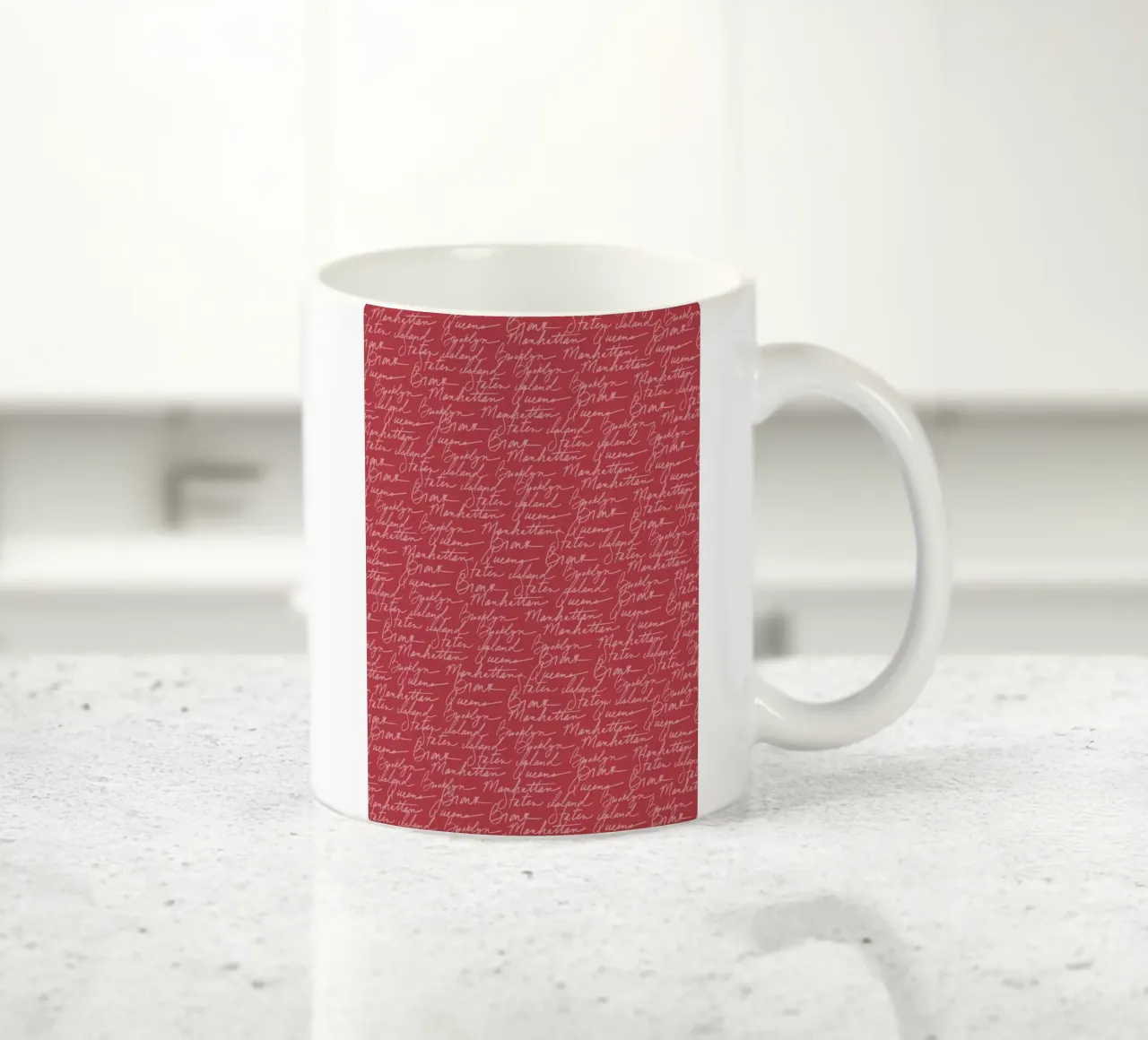 NYC Boroughs Script: Manhattan, Brooklyn Pattern Print ceramic mug by ClubArt