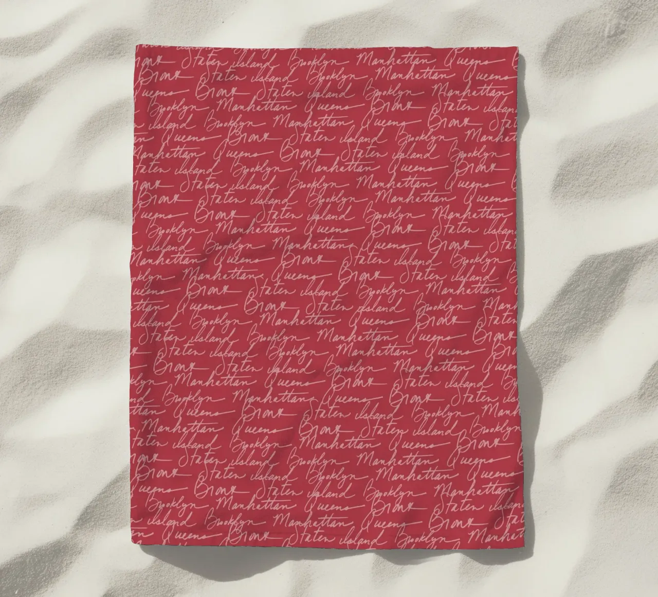 NYC Boroughs Script: Manhattan, Brooklyn Pattern Print beach towel by ClubArt