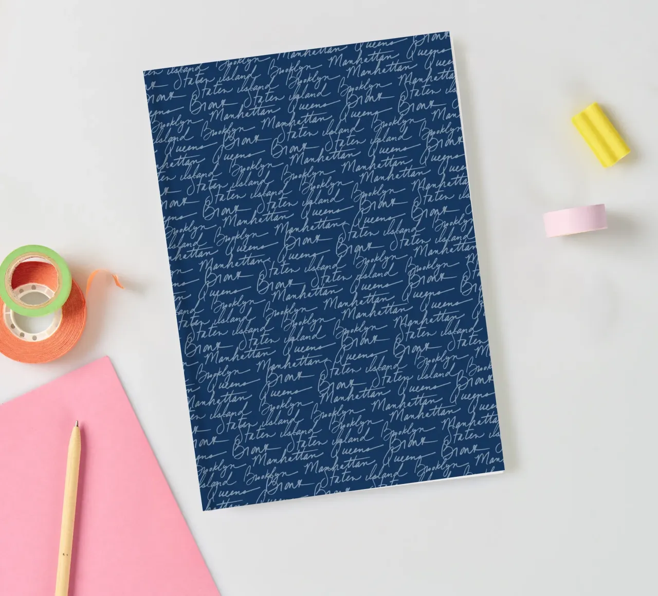 NYC Boroughs Script: Blue Manhattan, Brooklyn Pattern notebook by ClubArt