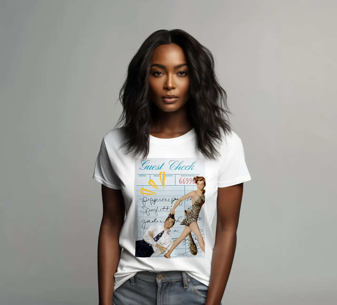 Pop Art: Leopard Pin-up Pulls Man on Guest Check women's fitted t-shirt by ClubArt