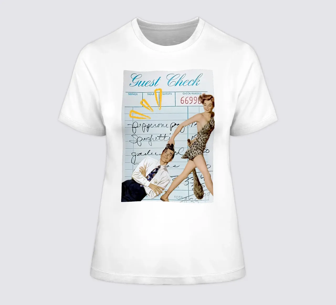 Pop Art: Leopard Pin-up Pulls Man on Guest Check women's fitted t-shirt by ClubArt