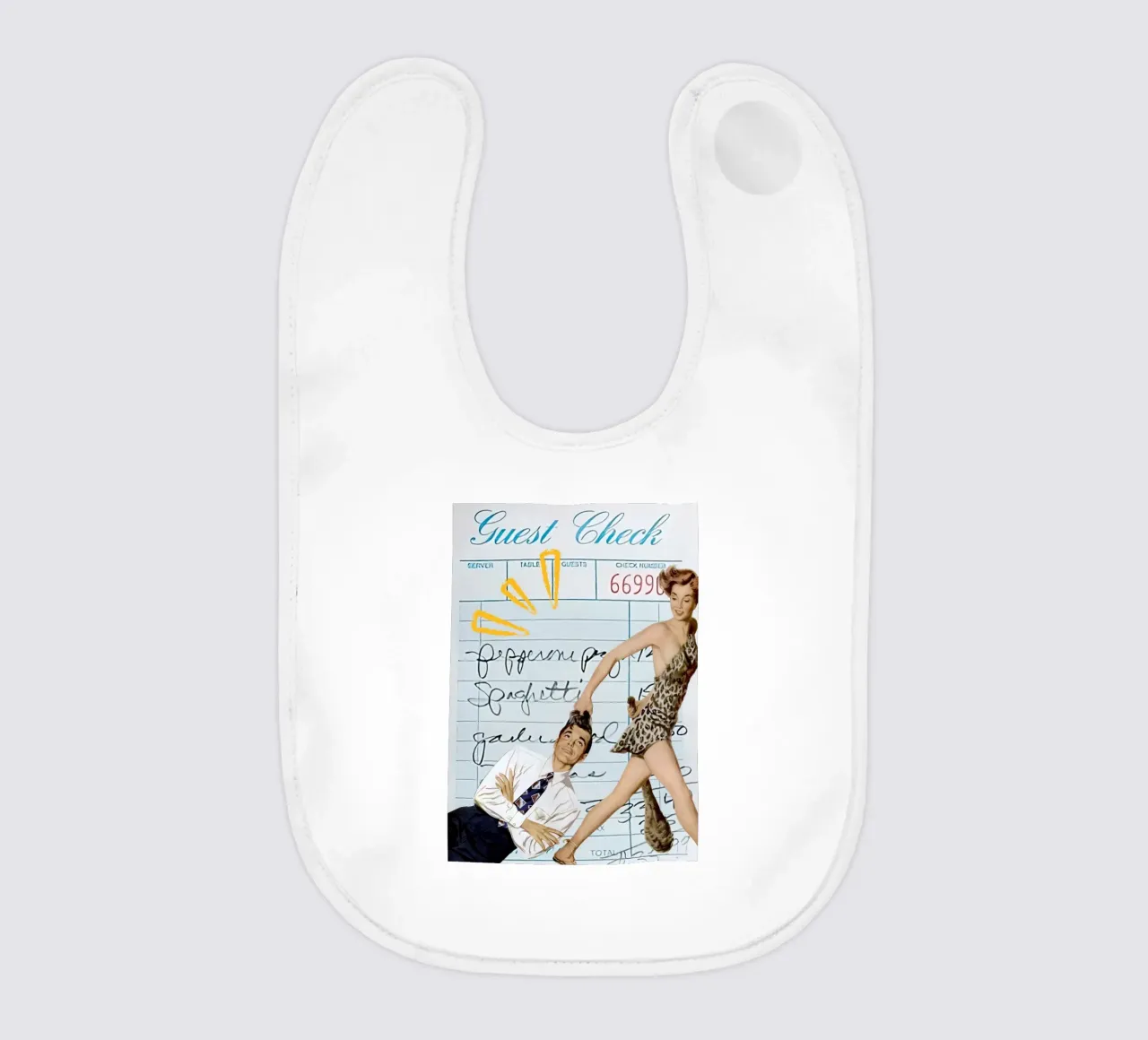 Pop Art: Leopard Pin-up Pulls Man on Guest Check baby bib by ClubArt