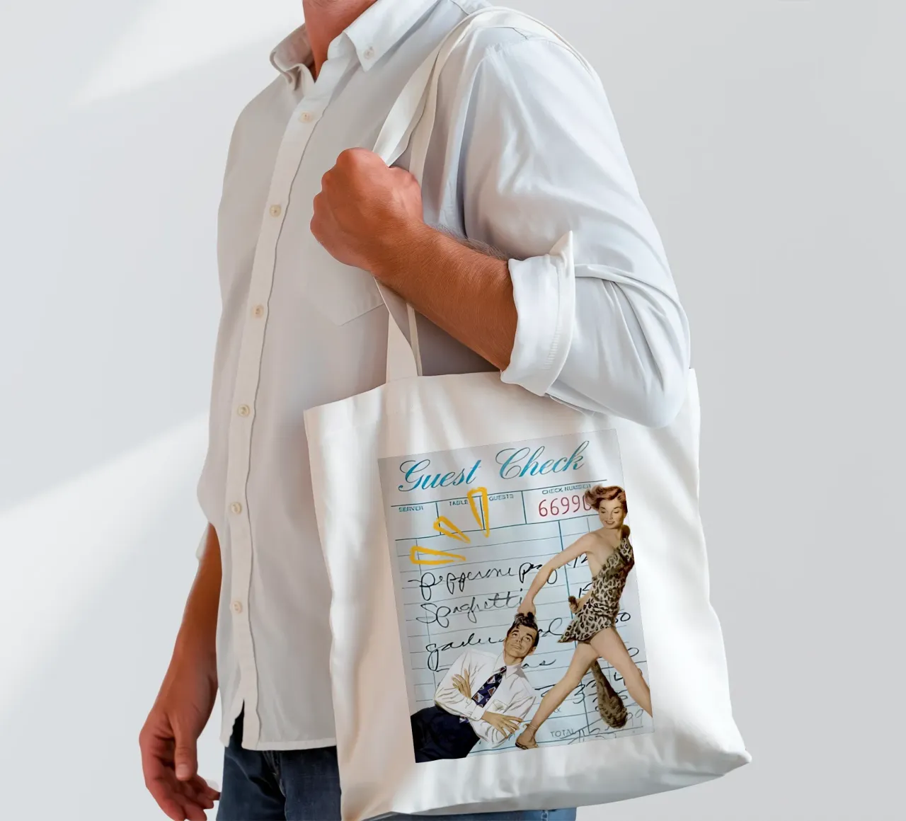 Pop Art: Leopard Pin-up Pulls Man on Guest Check tote bag by ClubArt
