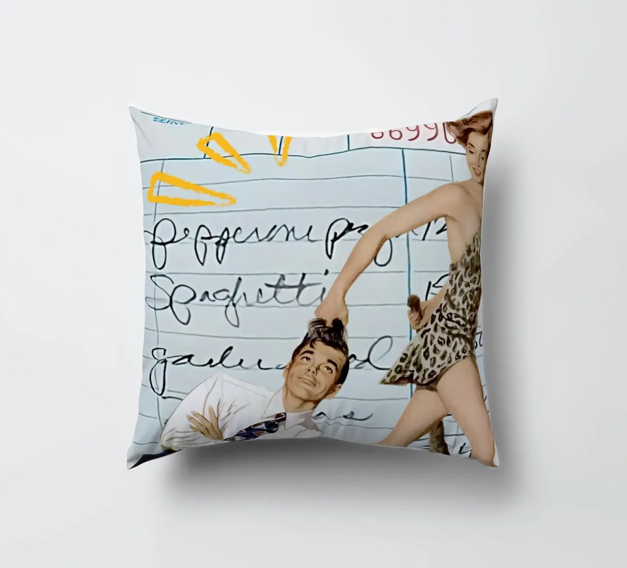 Pop Art: Leopard Pin-up Pulls Man on Guest Check decorative cushion by ClubArt