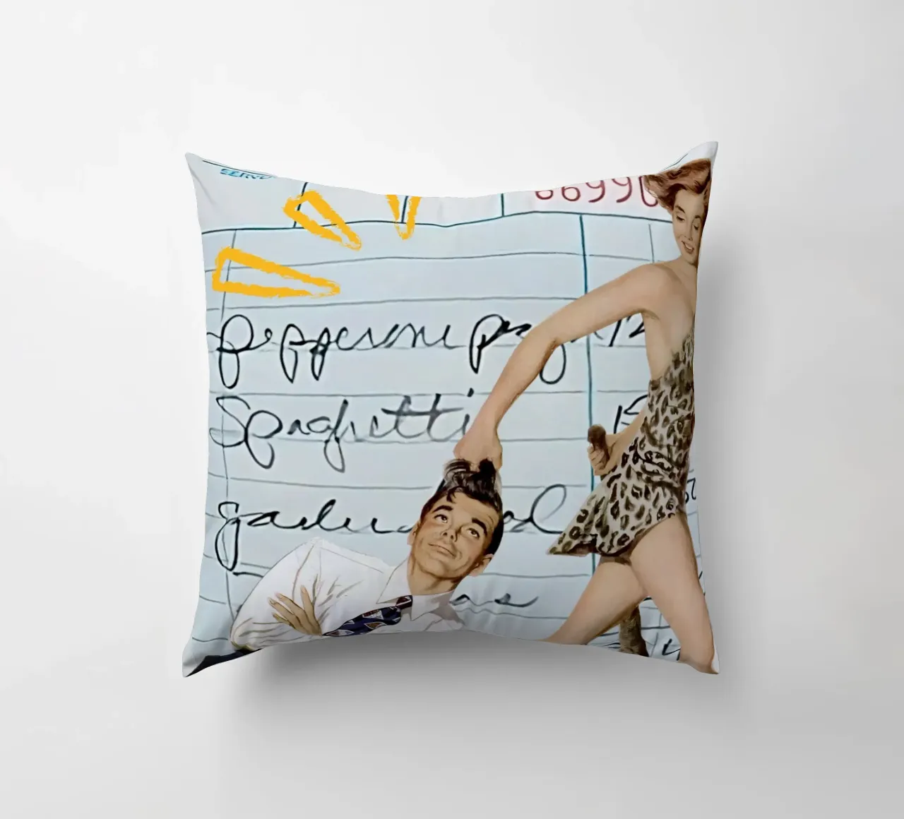 Pop Art: Leopard Pin-up Pulls Man on Guest Check decorative cushion by ClubArt