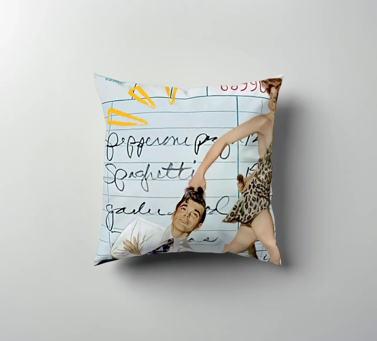Pop Art: Leopard Pin-up Pulls Man on Guest Check decorative cushion by ClubArt