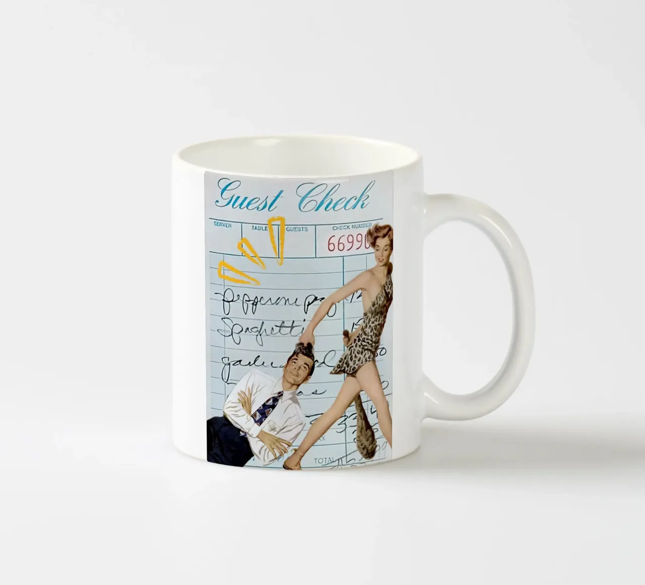 Pop Art: Leopard Pin-up Pulls Man on Guest Check ceramic mug by ClubArt