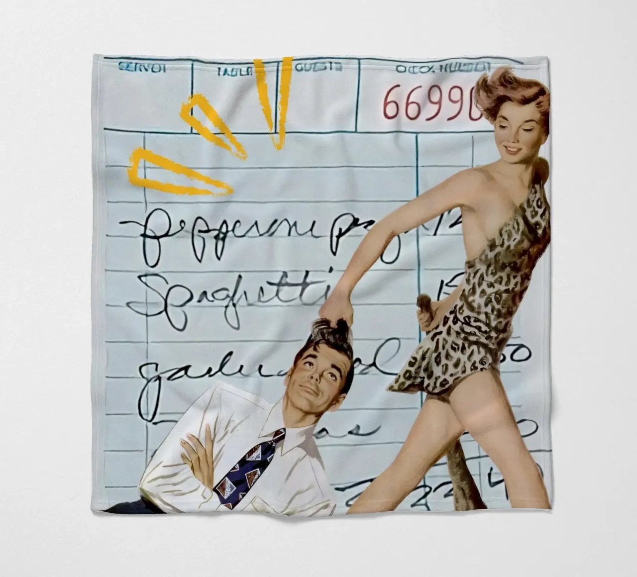 Pop Art: Leopard Pin-up Pulls Man on Guest Check fleece blanket by ClubArt