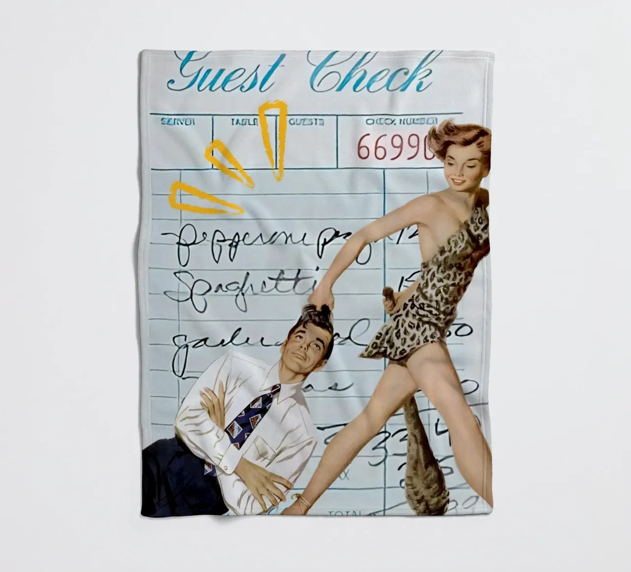 Pop Art: Leopard Pin-up Pulls Man on Guest Check fleece blanket by ClubArt