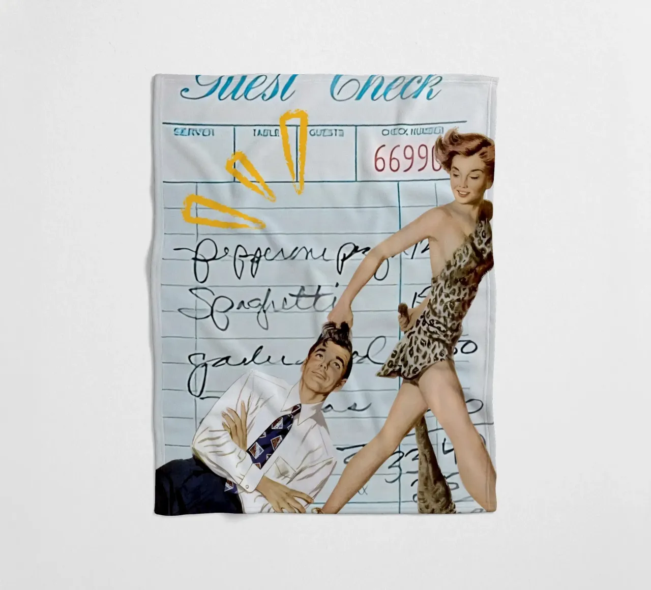 Pop Art: Leopard Pin-up Pulls Man on Guest Check fleece blanket by ClubArt