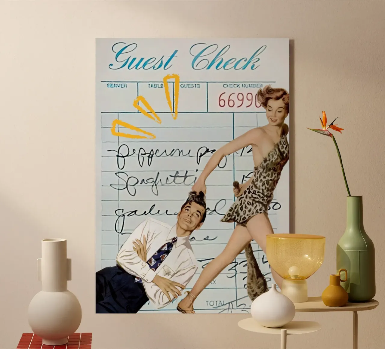 Arte pop: Leopard Pin-up Pulls Man on Guest Check metacrilato de ClubArt