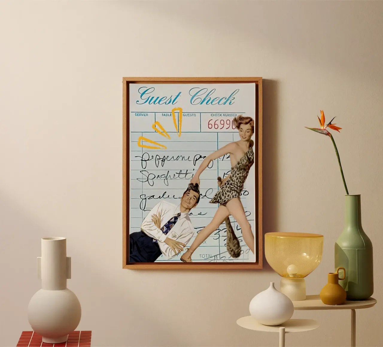 Pop Art: Leopard Pin-up Pulls Man on Guest Check canvas by ClubArt