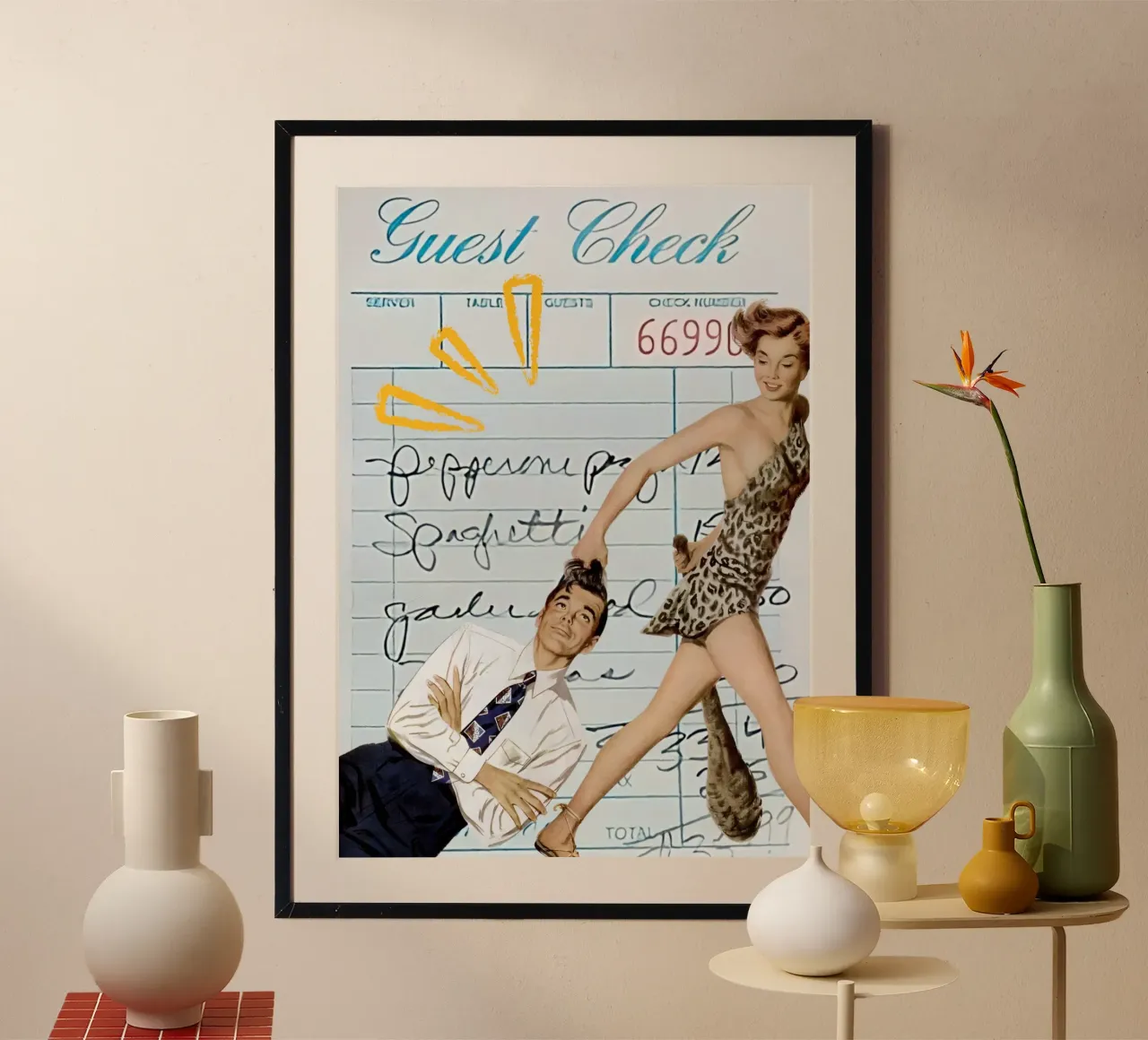 Arte pop: Leopard Pin-up Pulls Man on Guest Check hahnemühle de ClubArt