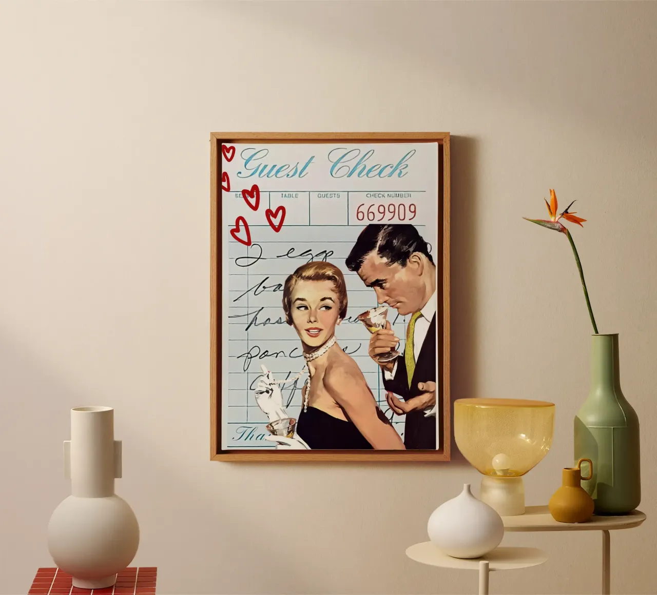 Pop Art: Coppia di metà secolo, Cocktail & Amore tela con Cornice a cassetta da ClubArt