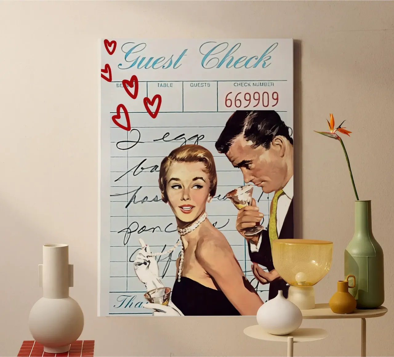 Pop Art: Coppia di metà secolo, Cocktail & Amore tela con Cornice a cassetta da ClubArt