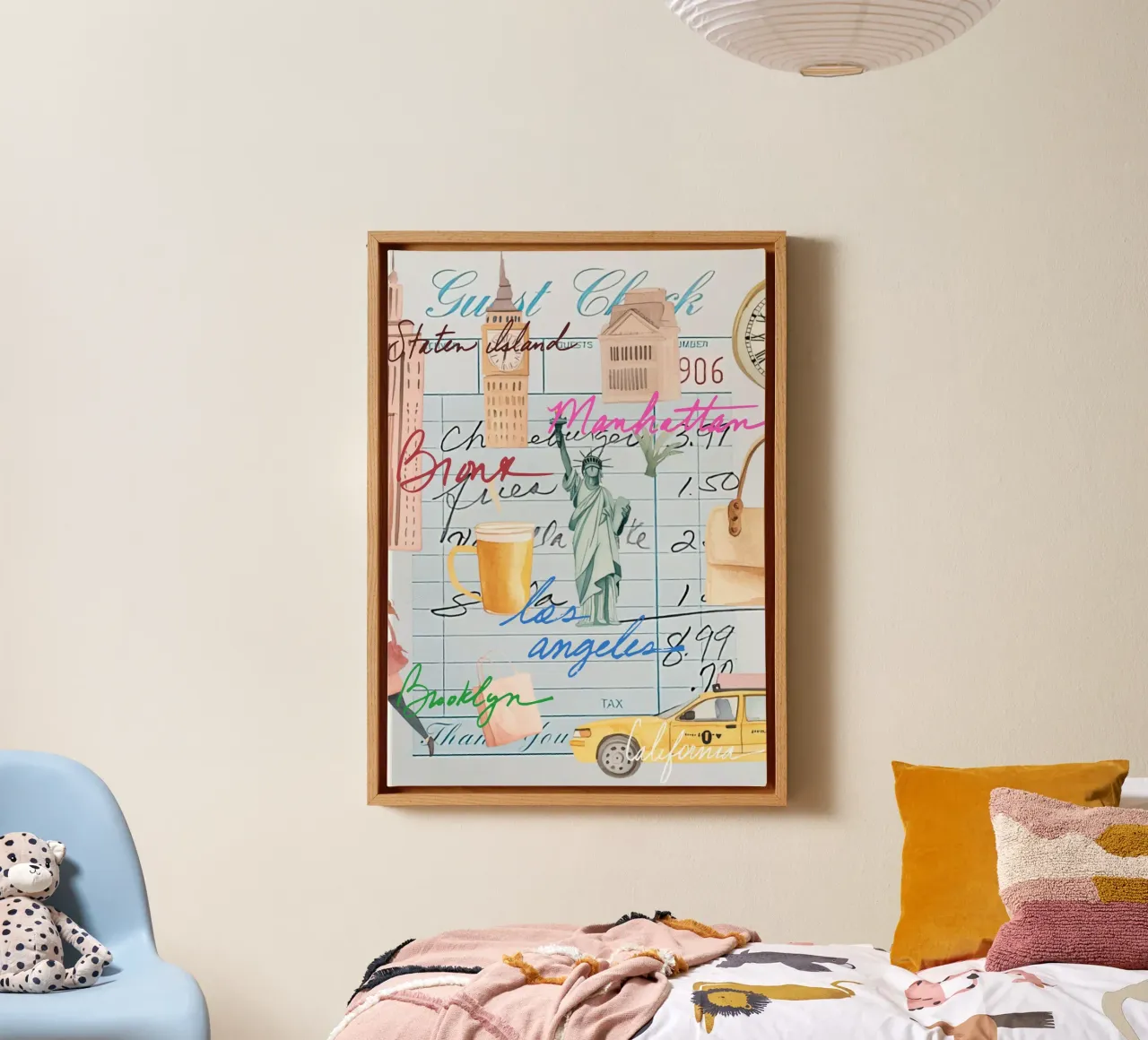 NYC Travel Pop Art: Guest Check Cityscape canvas with Floater frame by ClubArt