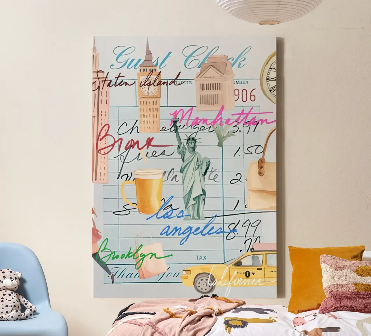 NYC Travel Pop Art: Guest Check Cityscape canvas with Floater frame by ClubArt