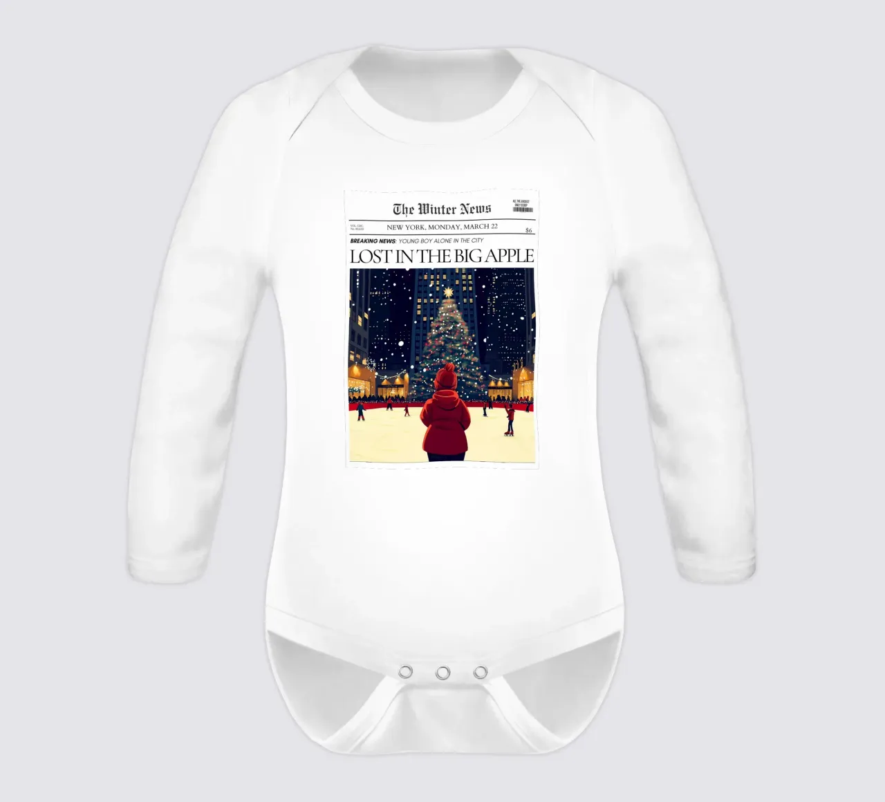Lost in NYC Winter: Big Apple Christmas Newspaper long-sleeve baby romper by ClubArt