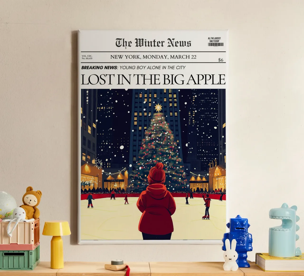 Verdwaald in de winter van NYC: Big Apple kerstkrant canvas met Baklijst van ClubArt