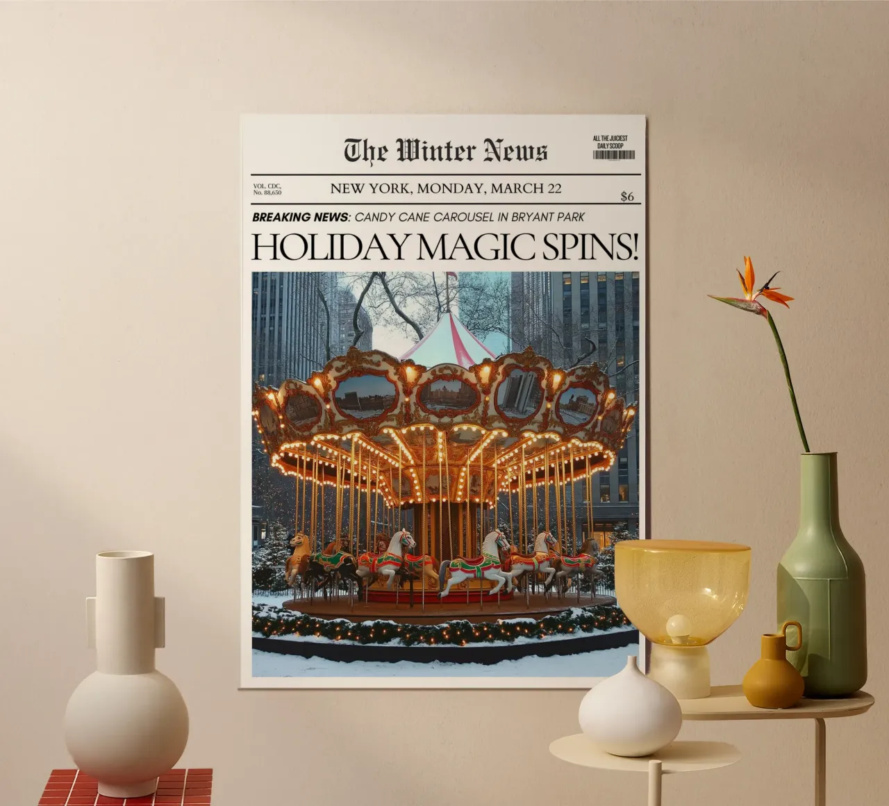 Carosello di Bryant Park: Magia invernale di NYC Notizie d'arte poster con telaio in plastica da ClubArt