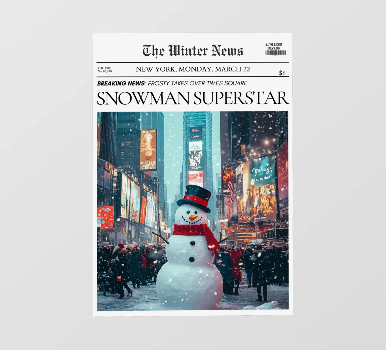 Times Square Snowman: NYC Winter News Art Print photo wallpaper by ClubArt