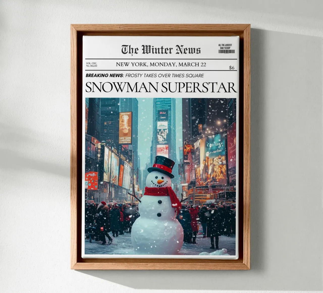 Times Square sneeuwpop: NYC Winter Nieuws Kunstdruk canvas met Baklijst van ClubArt