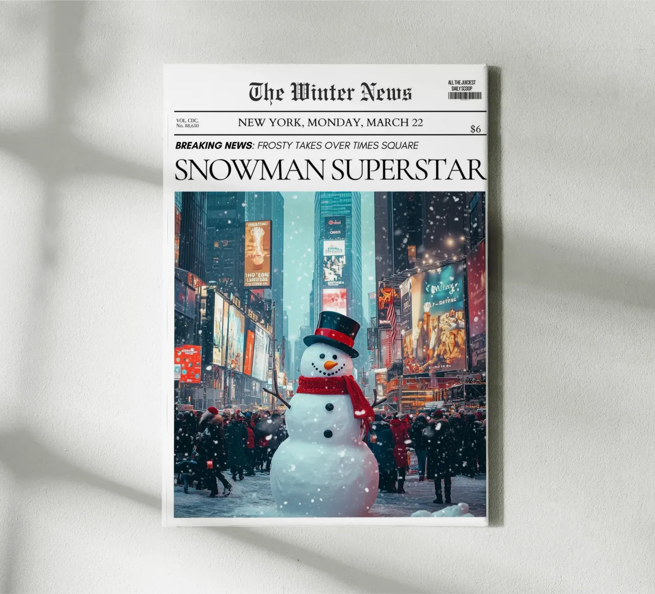 Times Square sneeuwpop: NYC Winter Nieuws Kunstdruk canvas met Baklijst van ClubArt