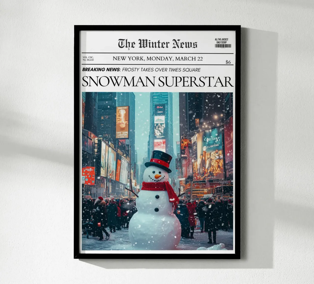 Pupazzo di neve di Times Square: Stampa d'arte di notizie invernali su NYC poster con telaio in plastica da ClubArt