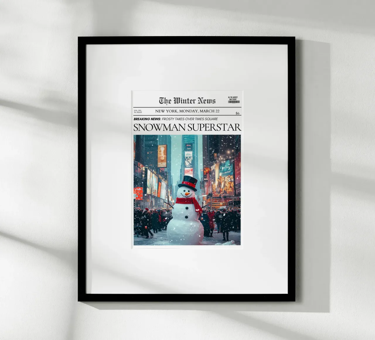 Pupazzo di neve di Times Square: Stampa d'arte di notizie invernali su NYC poster con telaio in plastica da ClubArt