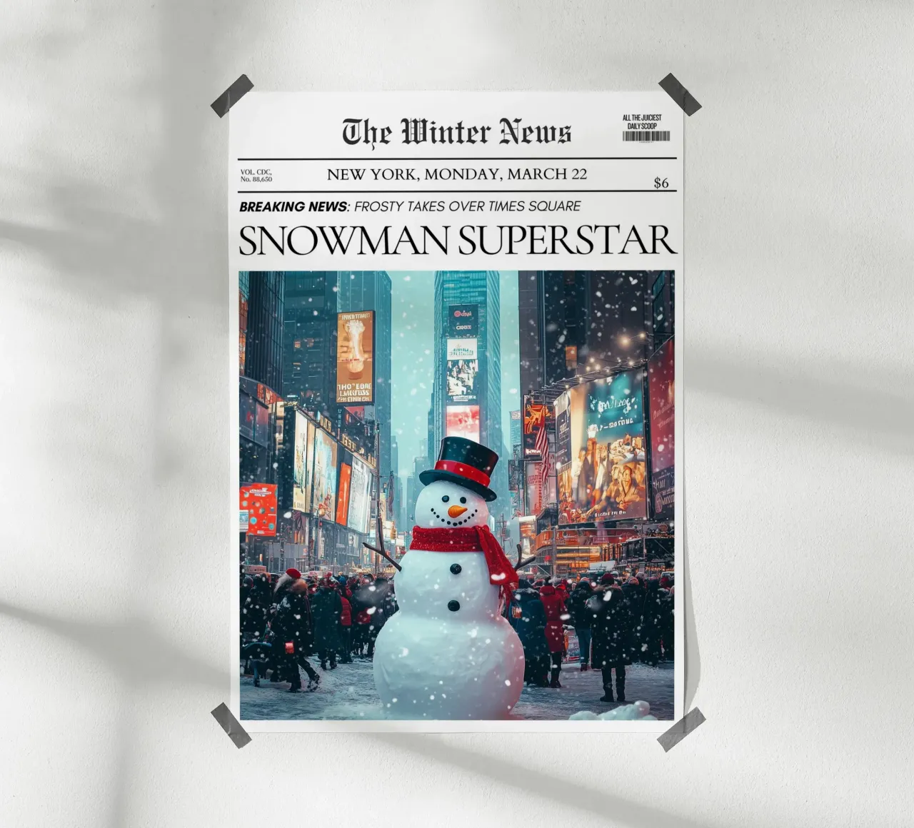 Pupazzo di neve di Times Square: Stampa d'arte di notizie invernali su NYC poster con telaio in plastica da ClubArt