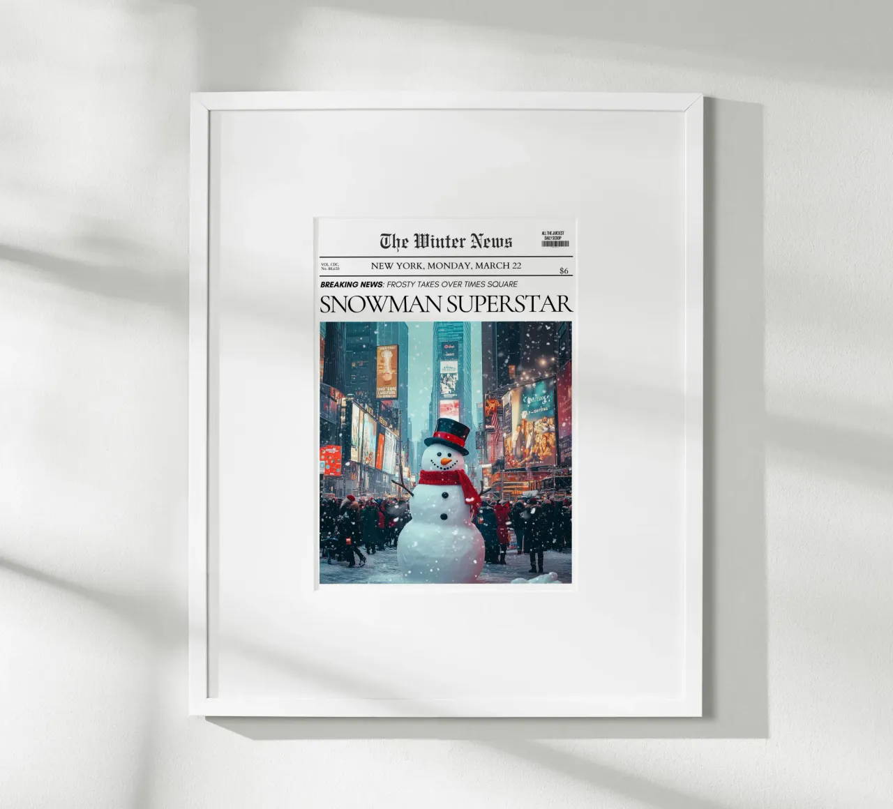 Pupazzo di neve di Times Square: Stampa d'arte di notizie invernali su NYC poster con telaio in plastica da ClubArt