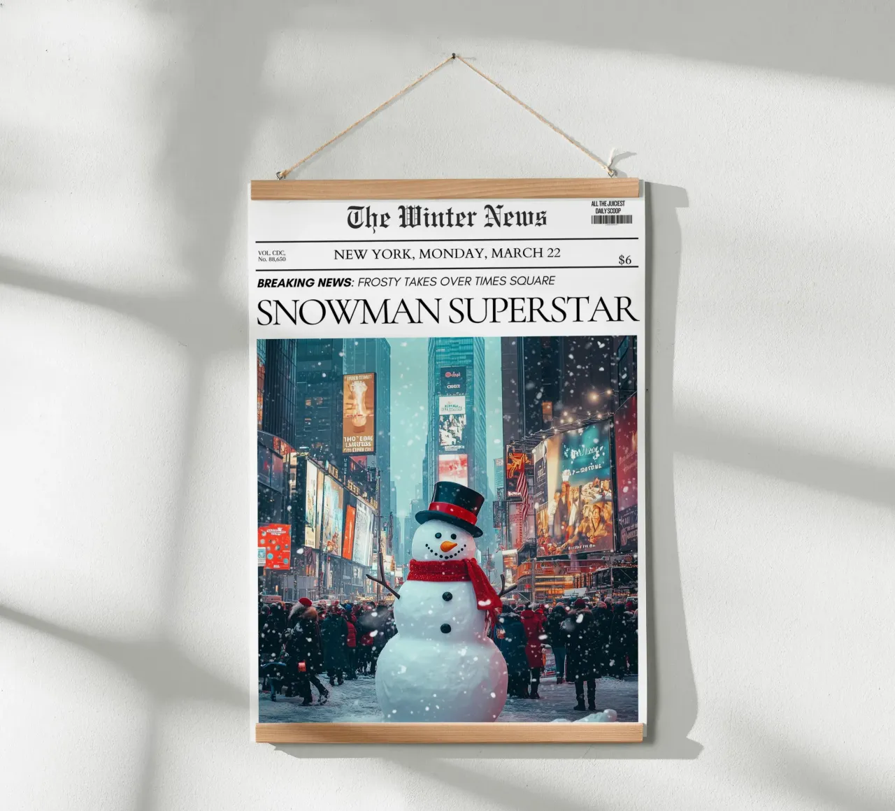 Pupazzo di neve di Times Square: Stampa d'arte di notizie invernali su NYC poster con telaio in plastica da ClubArt