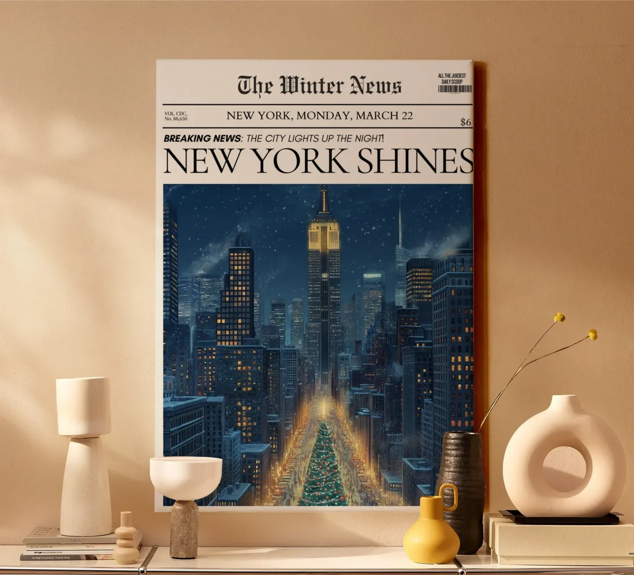 NYC Skyline Winter: City Lights Up Krantenkunst canvas met Baklijst van ClubArt
